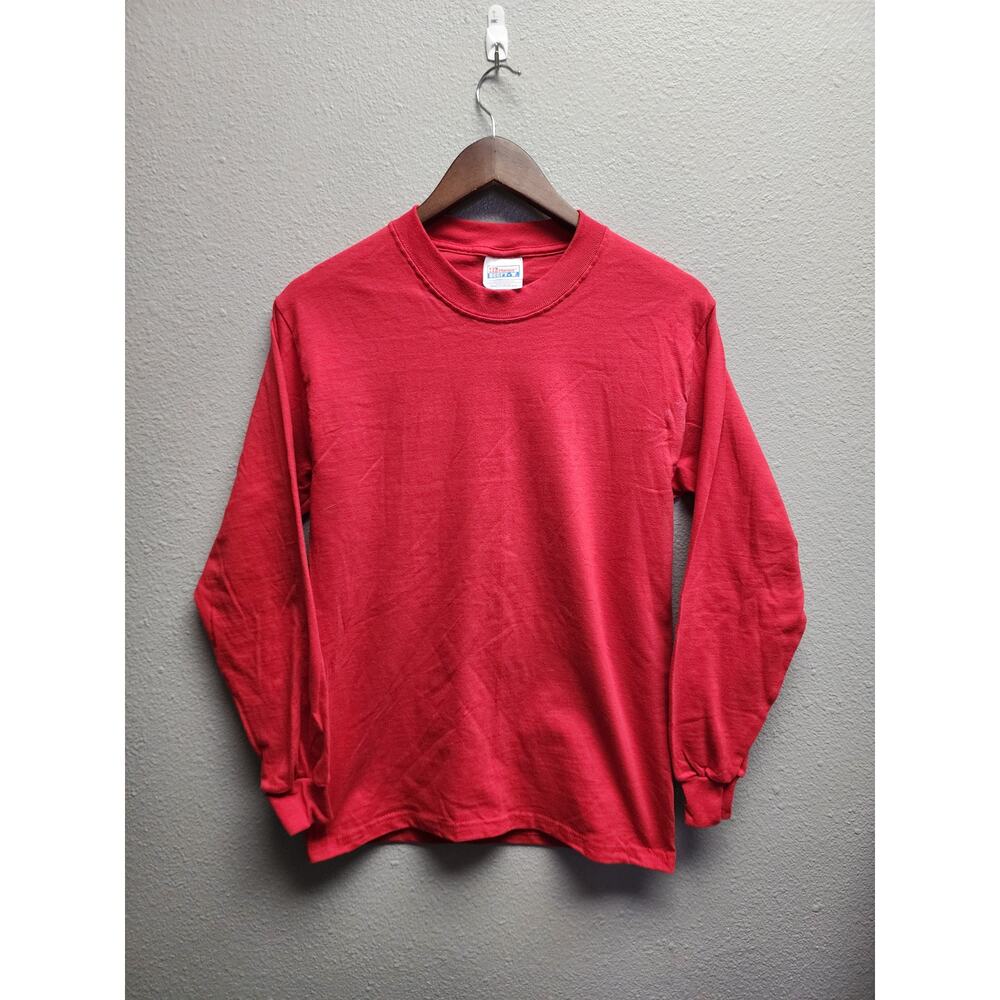 Hanes Beefy-T Red Long Sleeve Shirt Small 34/36 100% Cotton Retro Vintage